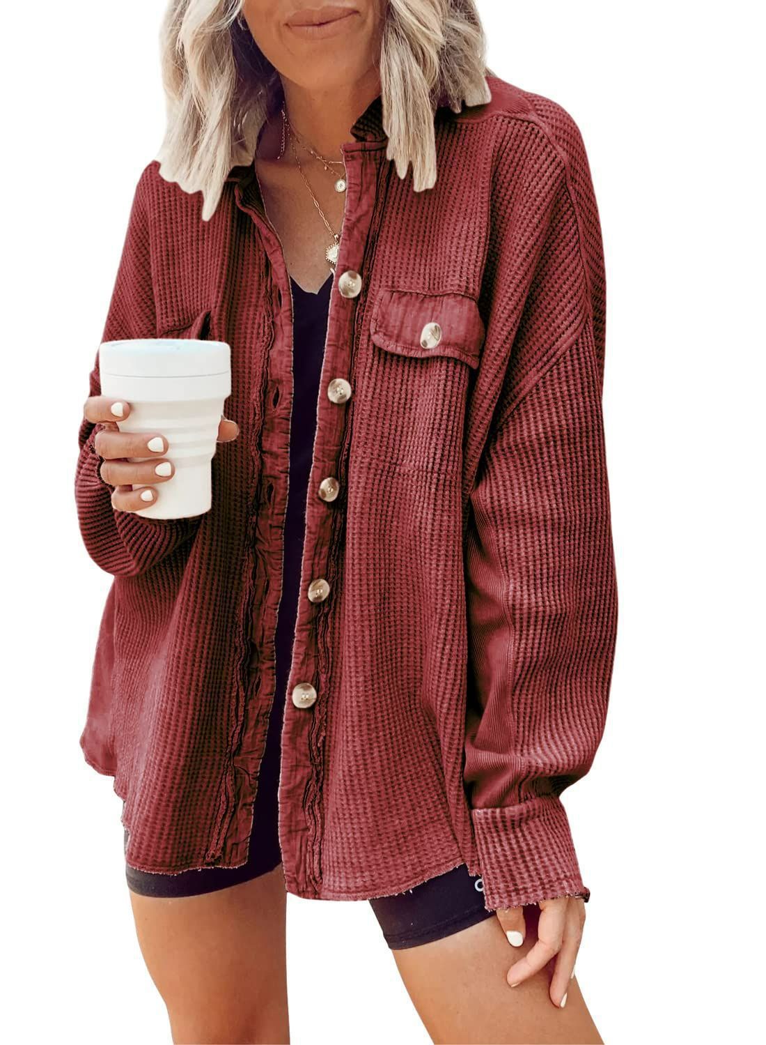 Waffle Knit Button-Down Shacket